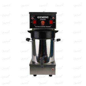 filter coffee maker featuring two pots and a central filter coffee pot, designed for brewing multiple servings simultaneously with red switches