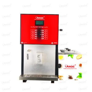 LIve tea & coffee vending machine with a bold red and white color scheme, emphasizing its contemporary and eye-catching appearance.