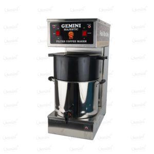 Gemini filter coffee maker featuring two pots and a central filter coffee pot, designed for brewing multiple servings simultaneously with red switches