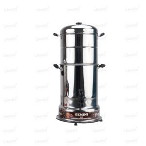 Traditional stainless steel coffee maker with two handles, designed for efficient brewing and easy pouring