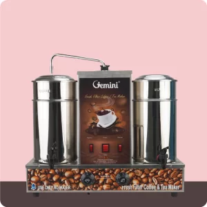 A Gemini fresh filter coffee and tea maker with a stainless steel container, control switches, and a coffee bean-themed base on a pink and brown background.