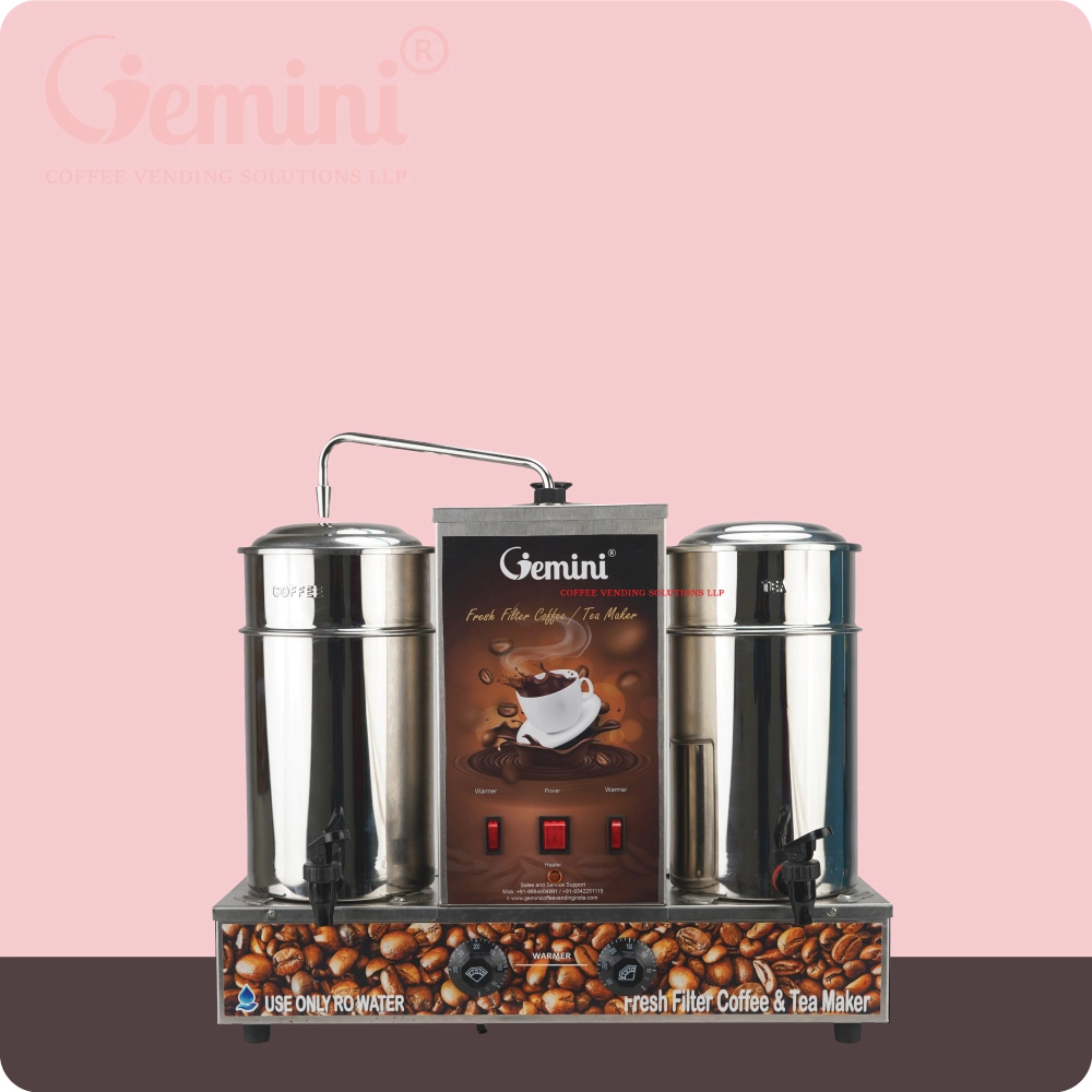 A Gemini fresh filter coffee and tea maker with a stainless steel container, control switches, and a coffee bean-themed base on a pink and brown background 1.