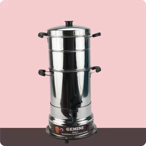 A tall, stainless steel coffee percolator with two stacked compartments and a black spout at the bottom, labeled GEMINI, set against a pink and brown background.