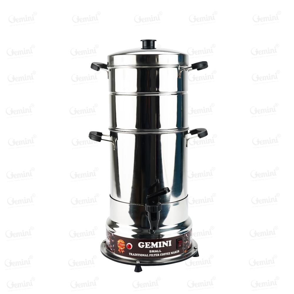 Traditional stainless steel coffee maker with two handles, designed for efficient brewing and easy pouring