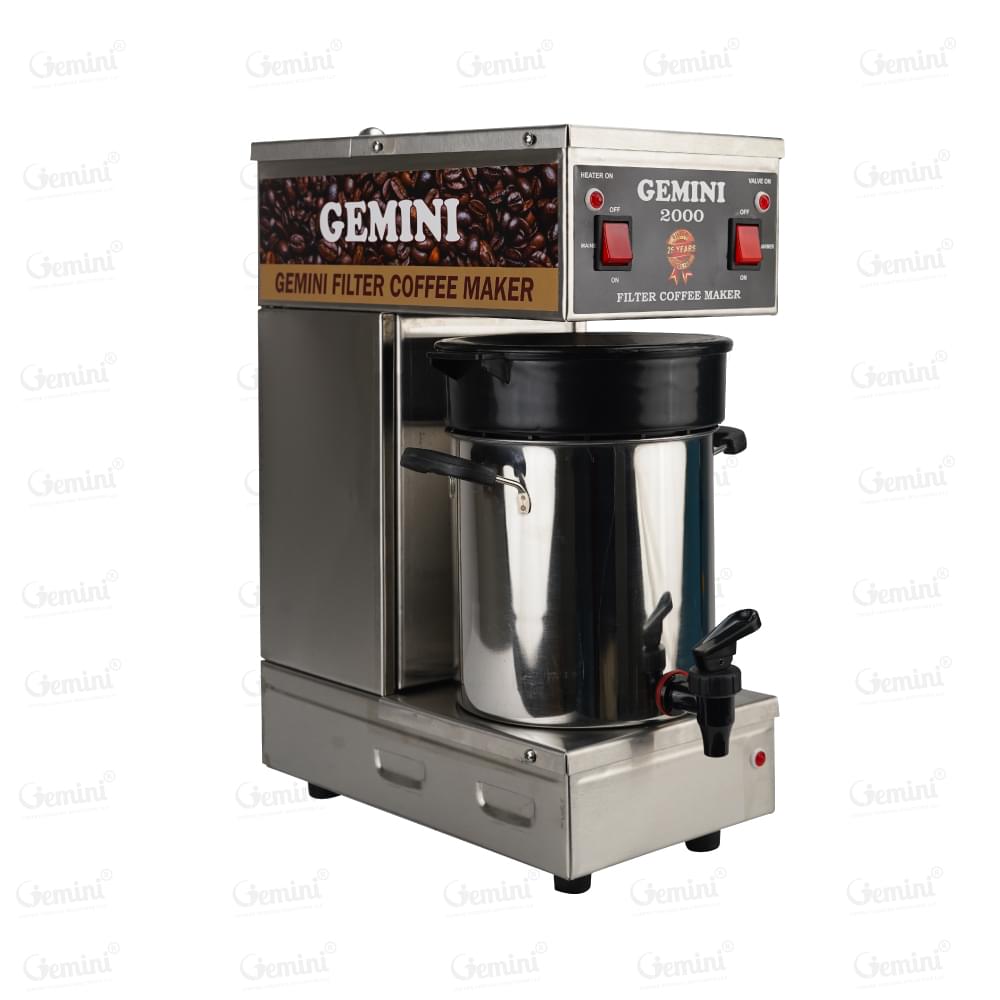 Gemini 2000 filter coffee maker featuring two pots and a central filter coffee pot, designed for brewing multiple servings simultaneously with red switches