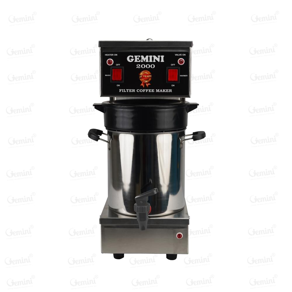 filter coffee maker featuring two pots and a central filter coffee pot, designed for brewing multiple servings simultaneously with red switches