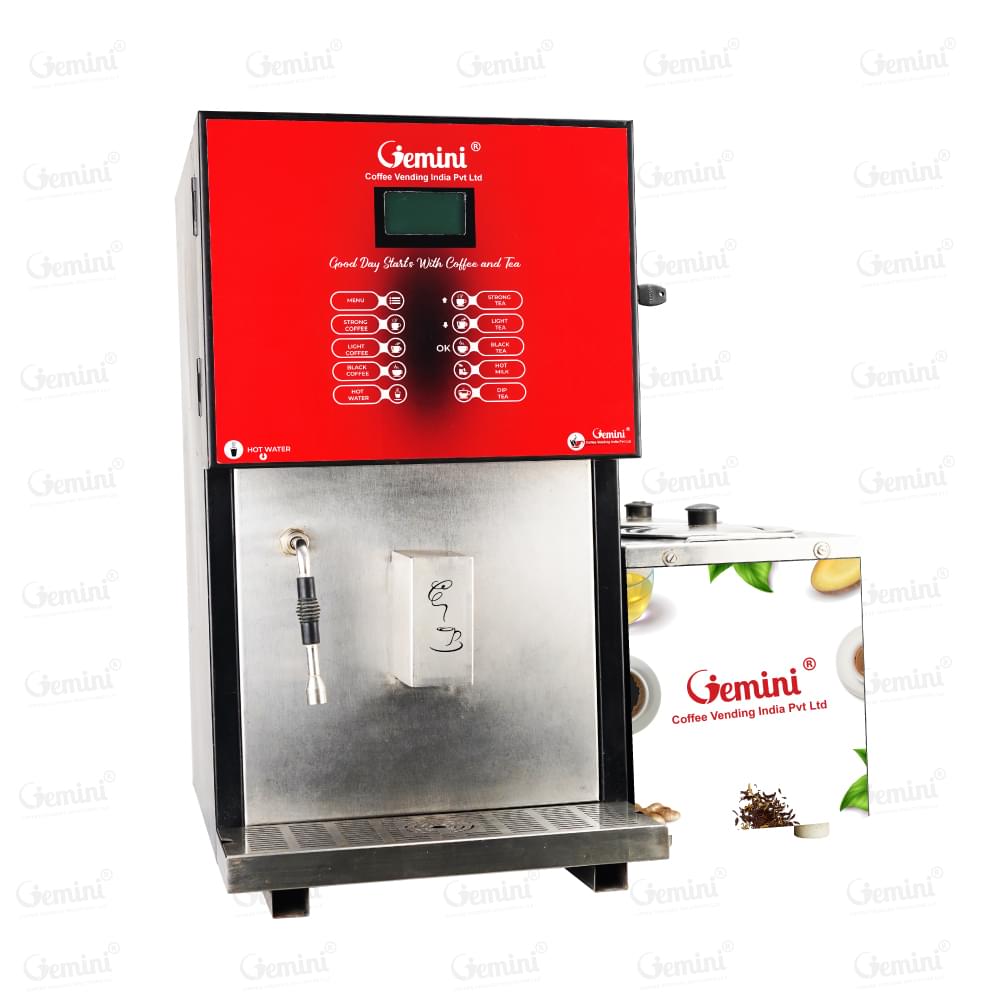 Automatic tea & coffee vending machine with a bold red and white color scheme, emphasizing its contemporary and eye-catching appearance.