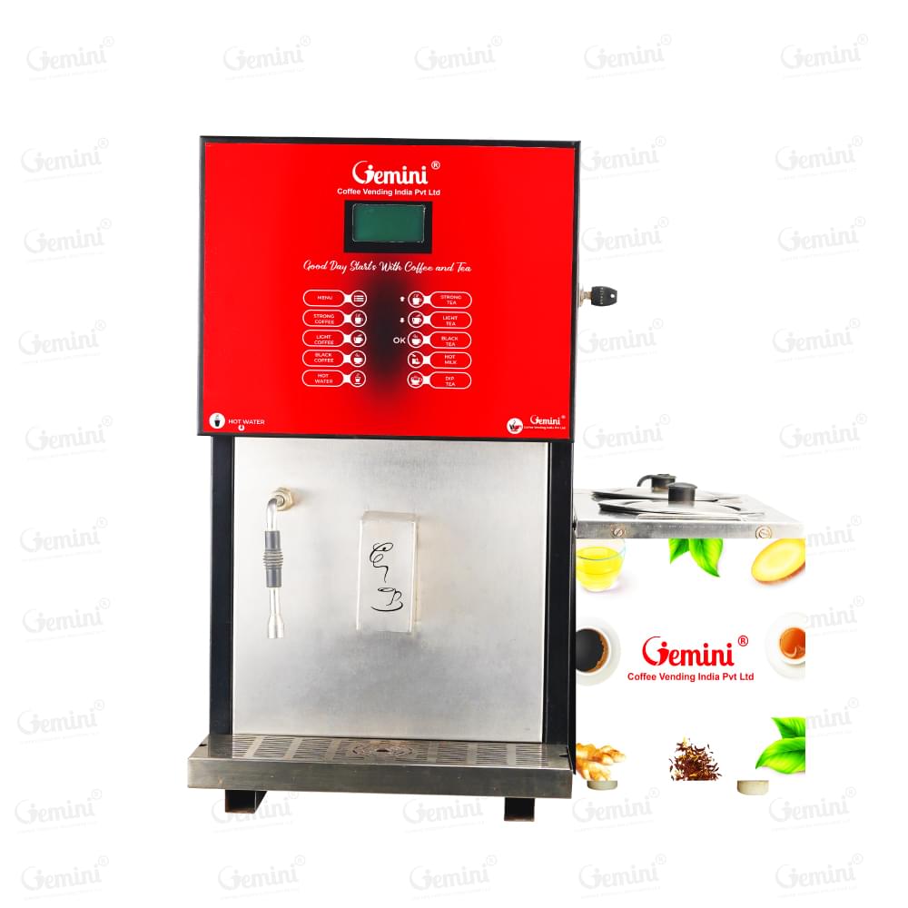 LIve tea & coffee vending machine with a bold red and white color scheme, emphasizing its contemporary and eye-catching appearance.