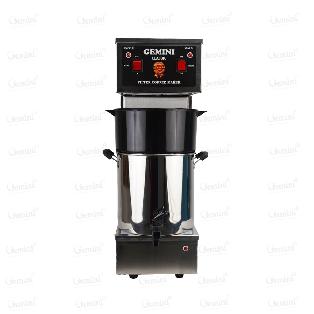 Gemini filter coffee maker featuring two pots and a central filter coffee pot, designed for brewing multiple servings simultaneously with red switches