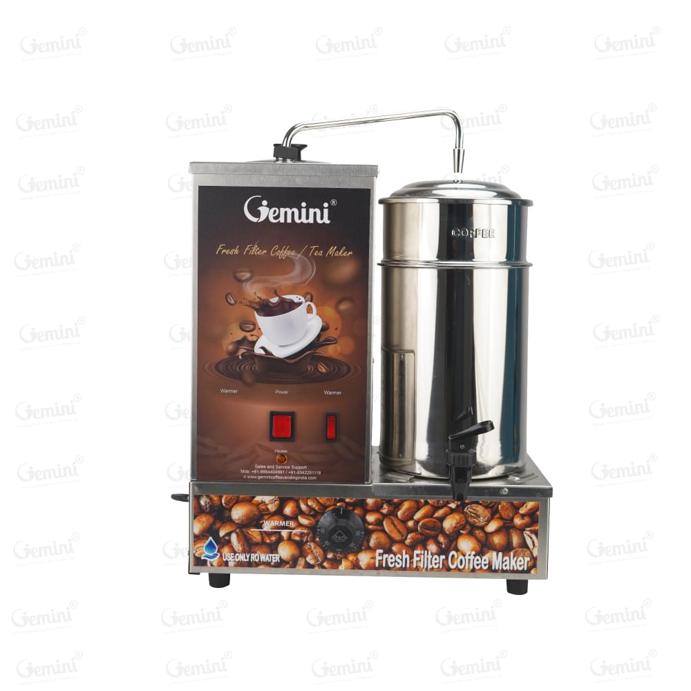 A sleek Gemini coffee machine with a stainless steel finish, featuring multiple brewing options semi automatic tea & coffee maker