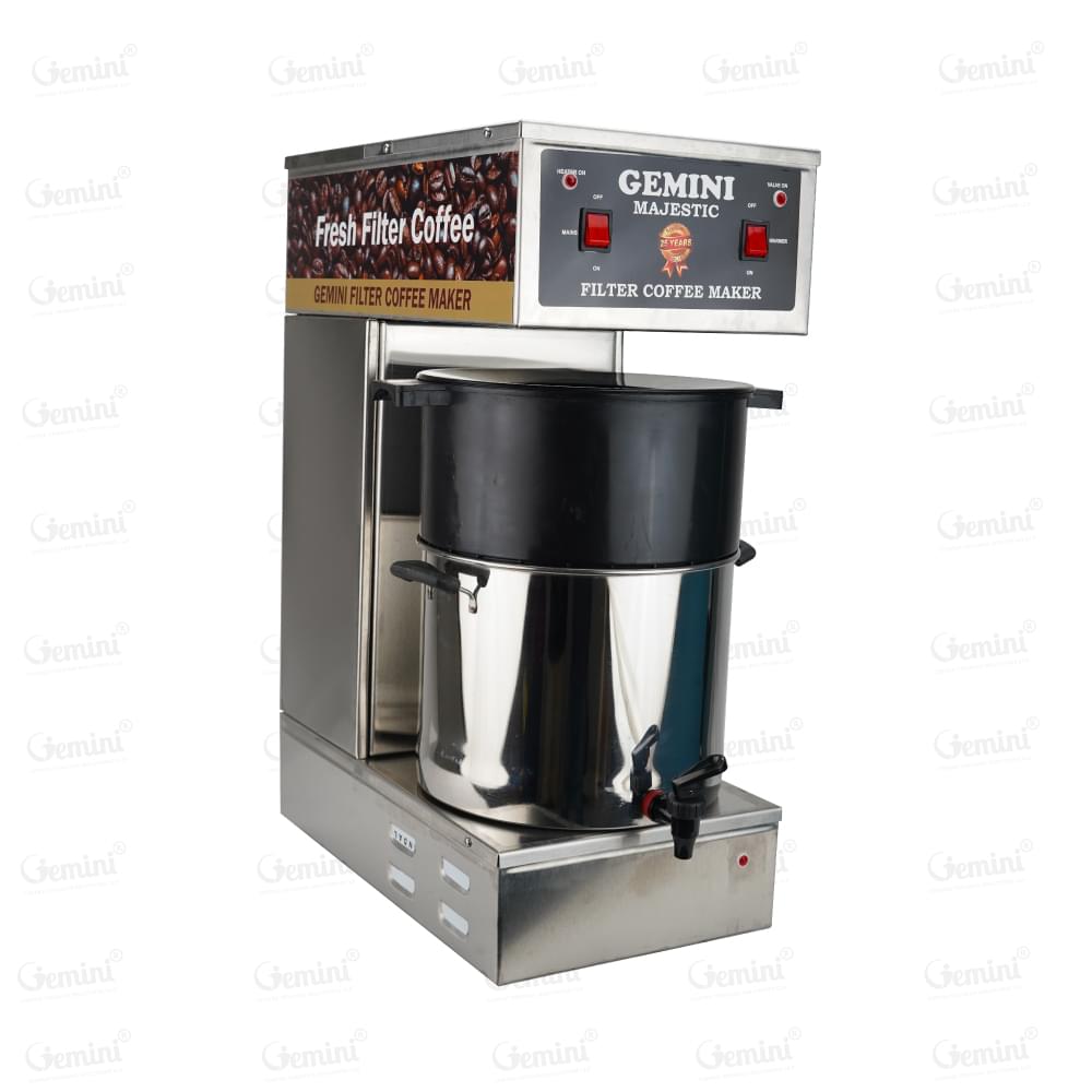 Gemini filter coffee maker featuring two pots and a central filter coffee pot, designed for brewing multiple servings simultaneously