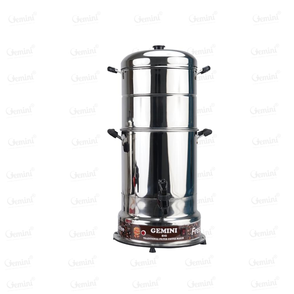 Traditional stainless steel coffee maker with two handles, designed for efficient brewing and easy pouring