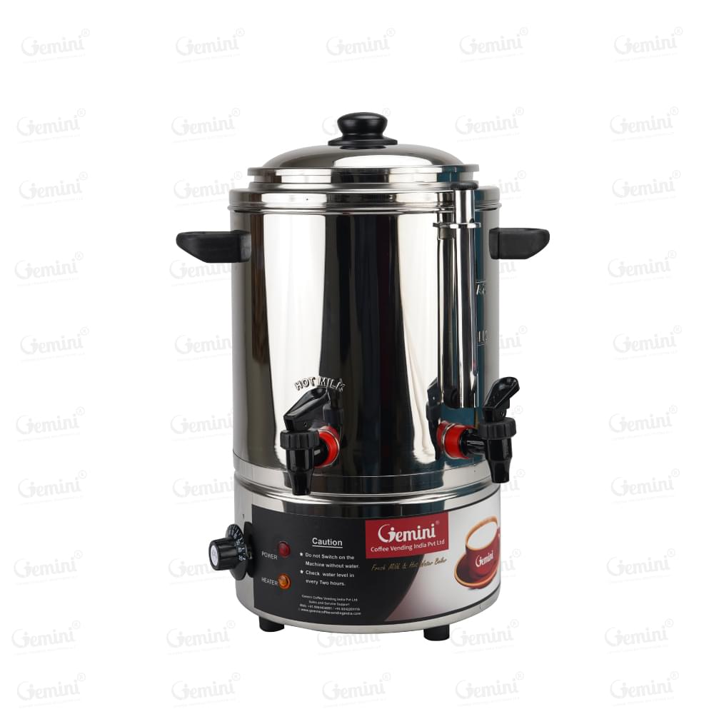 Stainless steel milk boiler with black handles, taps, and adjustment controller